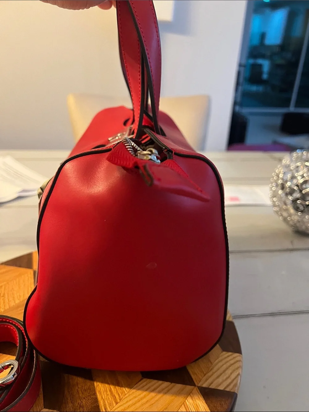 NICOLI Red Leather Satchel with Detachable Strap